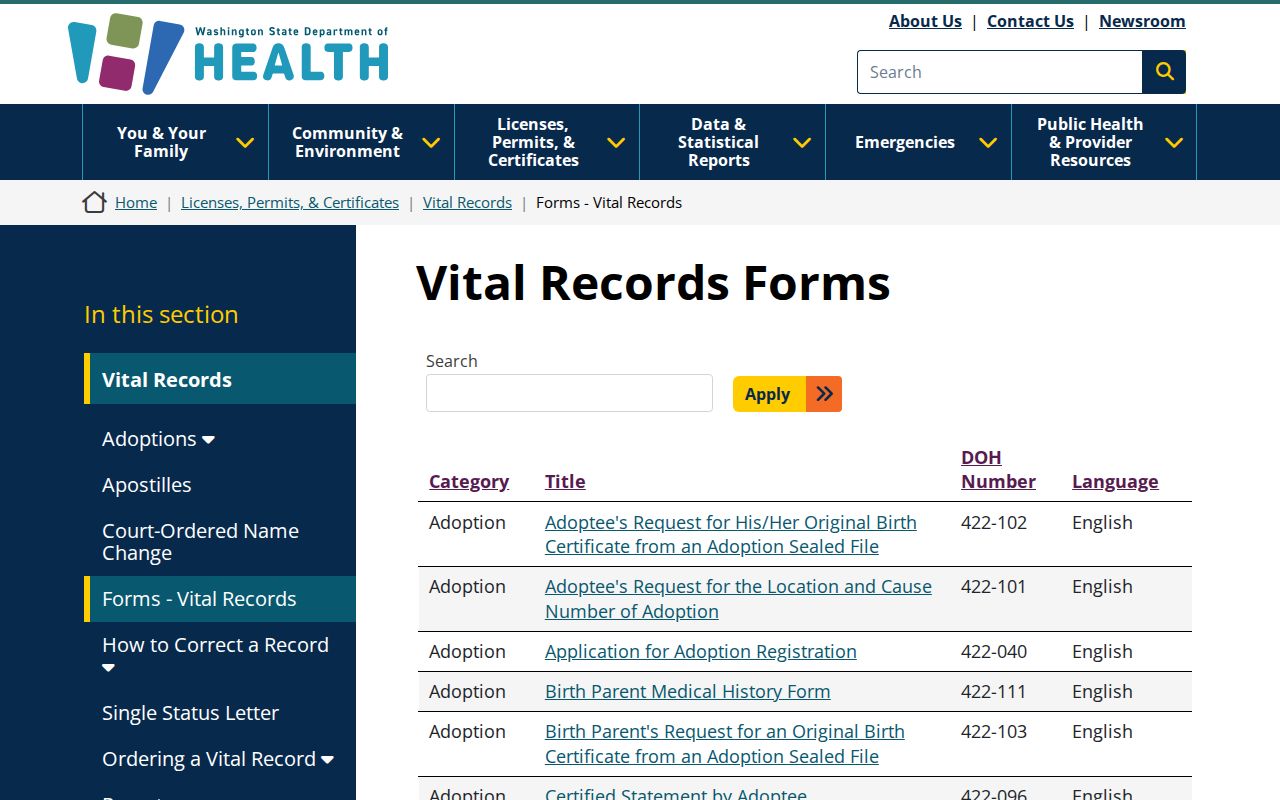 North Lynnwood public records vital record application forms