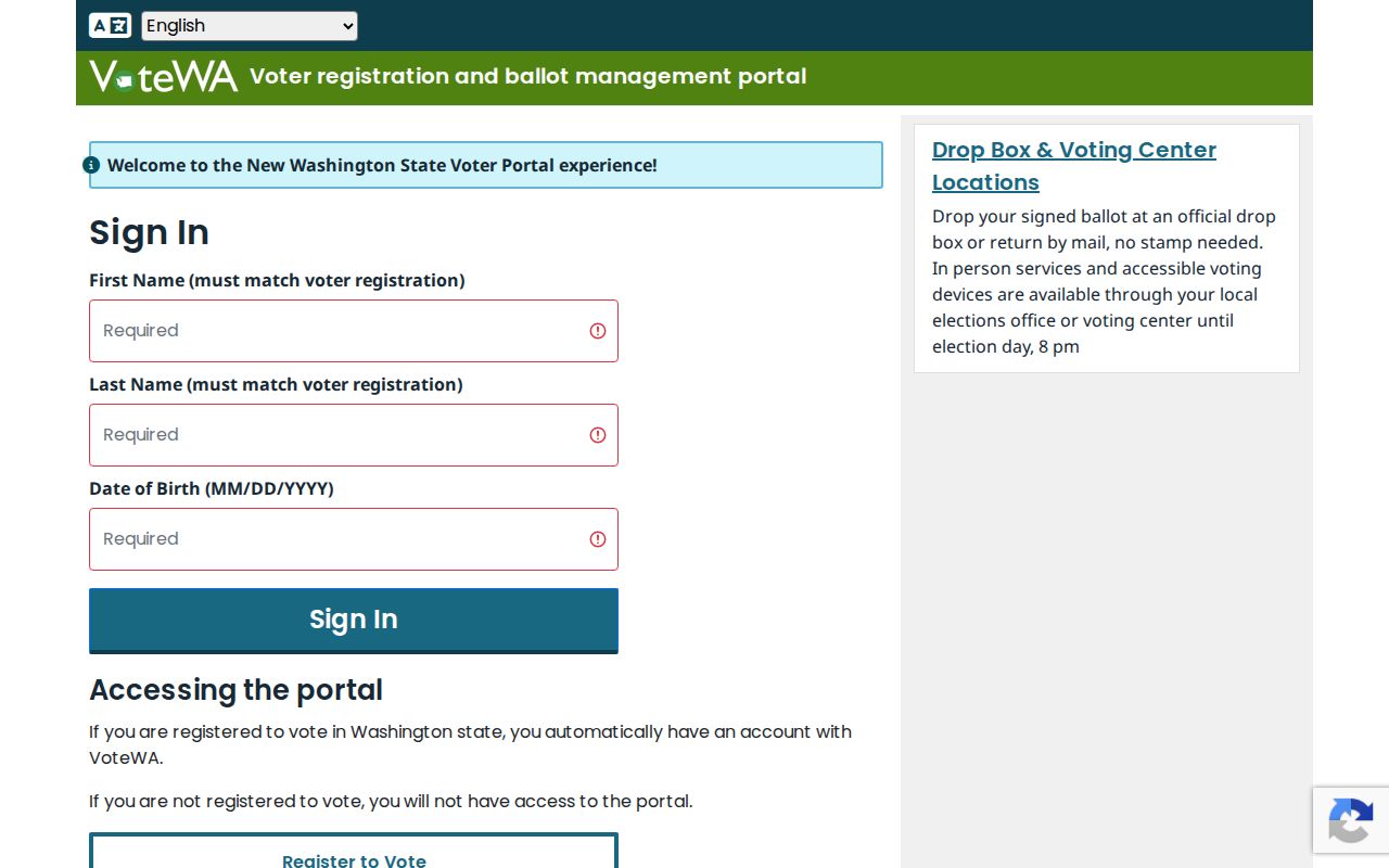 North Lynnwood voter registration lookup form on VoteWA